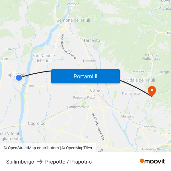 Spilimbergo to Prepotto / Prapotno map