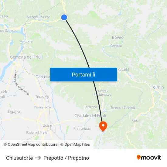 Chiusaforte to Prepotto / Prapotno map