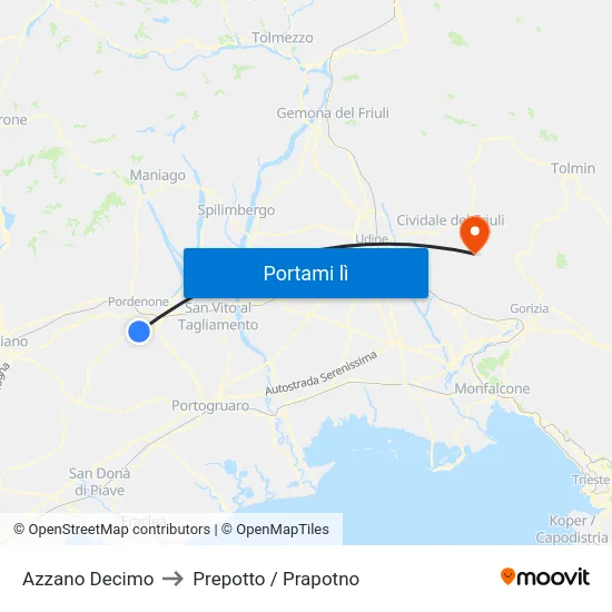 Azzano Decimo to Prepotto / Prapotno map