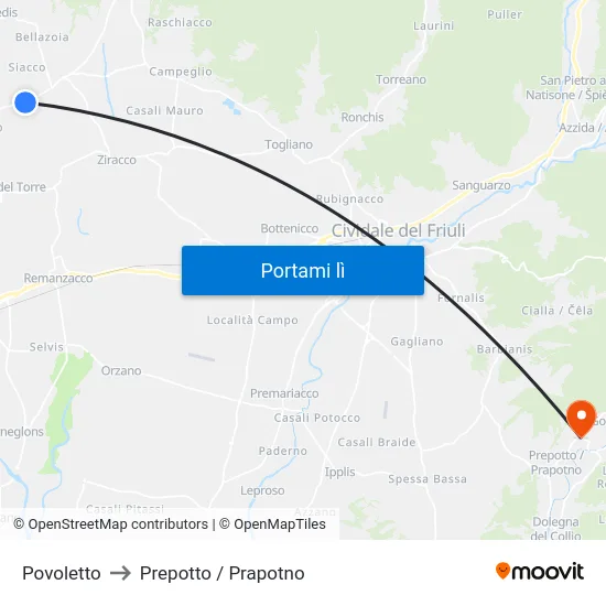 Povoletto to Prepotto / Prapotno map