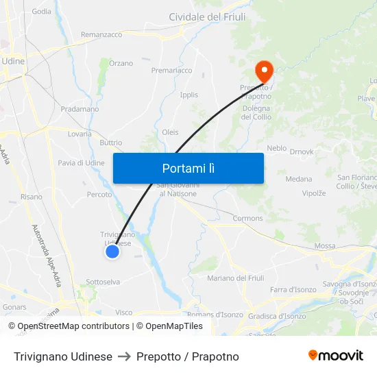 Trivignano Udinese to Prepotto / Prapotno map