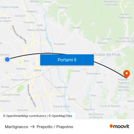 Martignacco to Prepotto / Prapotno map