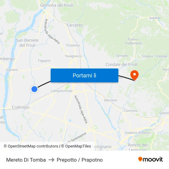 Mereto Di Tomba to Prepotto / Prapotno map