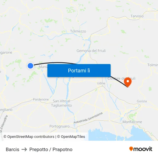 Barcis to Prepotto / Prapotno map
