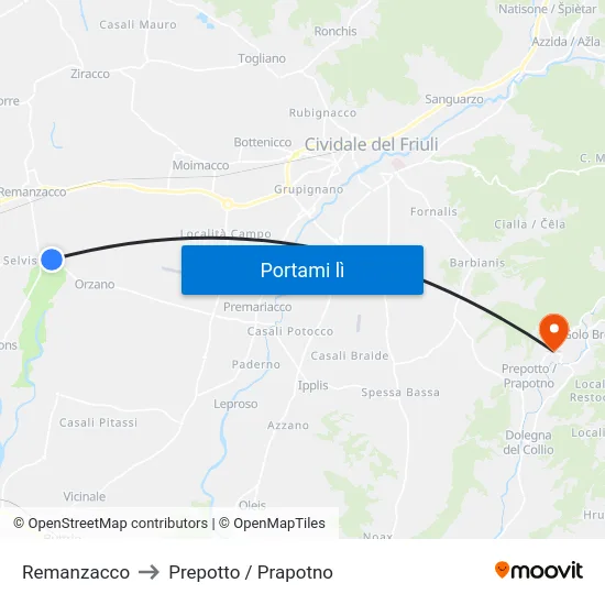 Remanzacco to Prepotto / Prapotno map