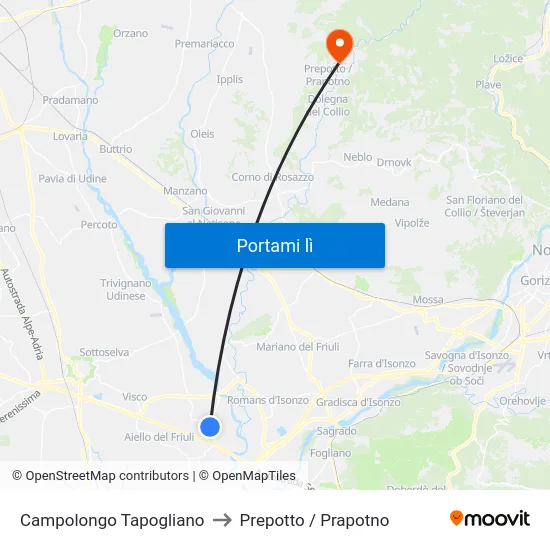 Campolongo Tapogliano to Prepotto / Prapotno map