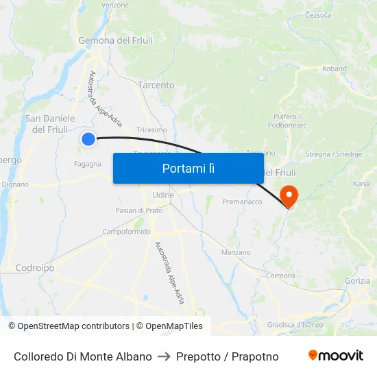 Colloredo Di Monte Albano to Prepotto / Prapotno map