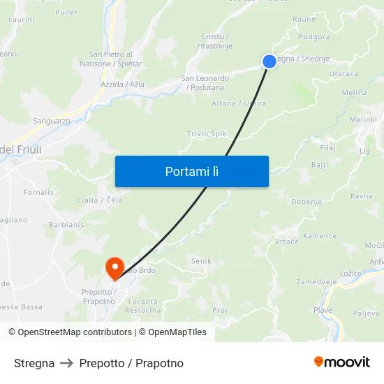 Stregna to Prepotto / Prapotno map