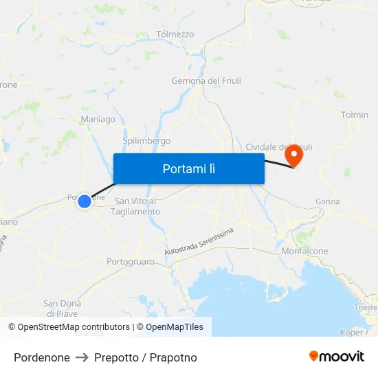 Pordenone to Prepotto / Prapotno map