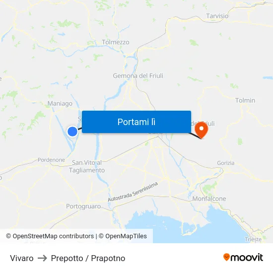 Vivaro to Prepotto / Prapotno map