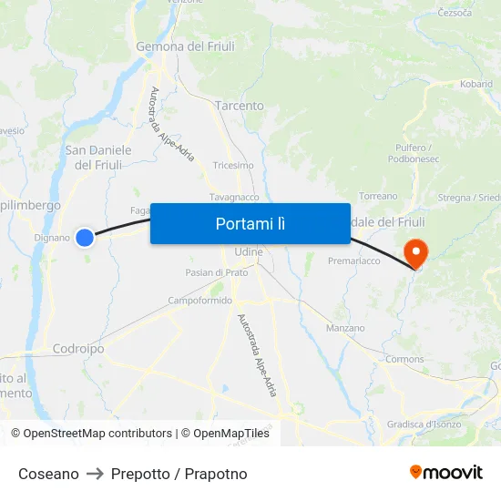 Coseano to Prepotto / Prapotno map