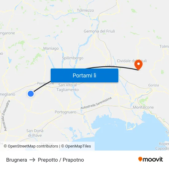 Brugnera to Prepotto / Prapotno map