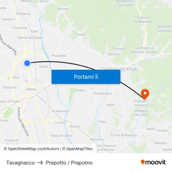 Tavagnacco to Prepotto / Prapotno map