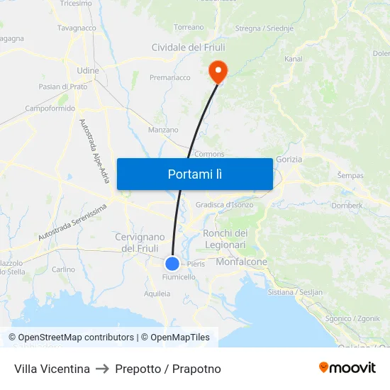 Villa Vicentina to Prepotto / Prapotno map