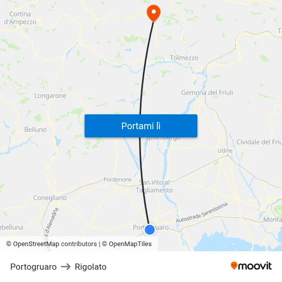Portogruaro to Rigolato map