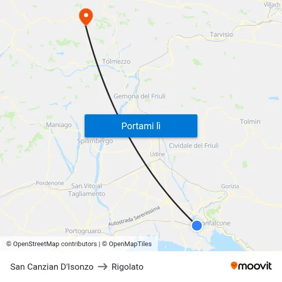 San Canzian D'Isonzo to Rigolato map