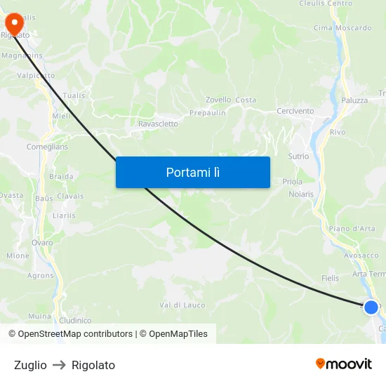 Zuglio to Rigolato map