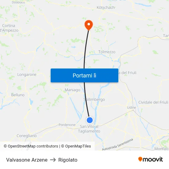 Valvasone Arzene to Rigolato map