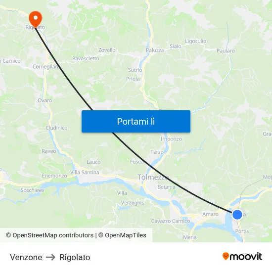 Venzone to Rigolato map
