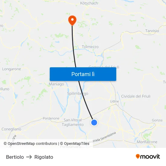 Bertiolo to Rigolato map