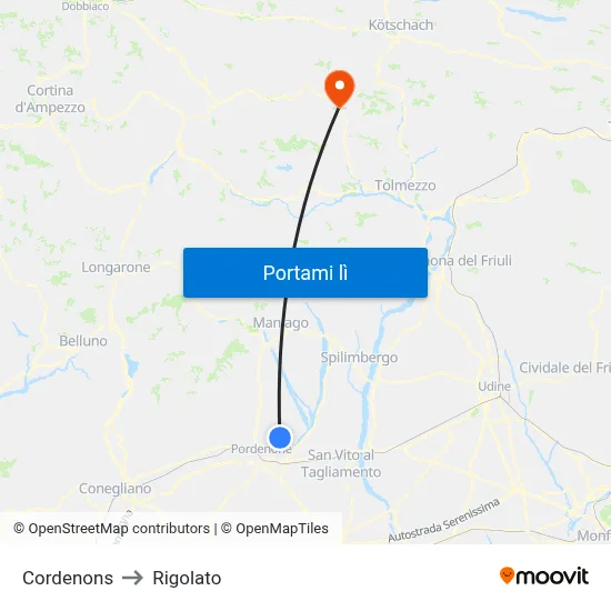 Cordenons to Rigolato map