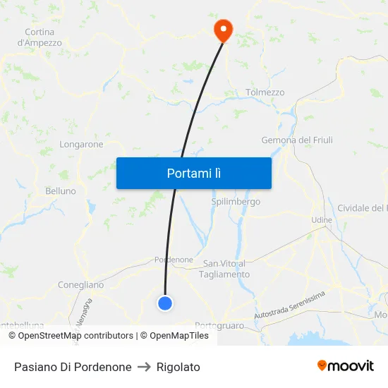 Pasiano Di Pordenone to Rigolato map