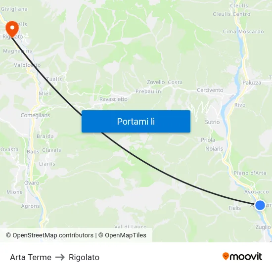 Arta Terme to Rigolato map