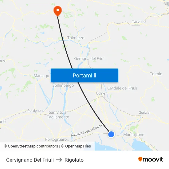Cervignano Del Friuli to Rigolato map