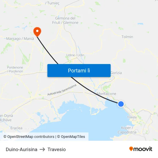 Duino-Aurisina to Travesio map