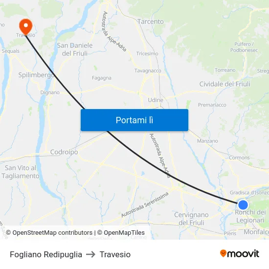 Fogliano Redipuglia to Travesio map