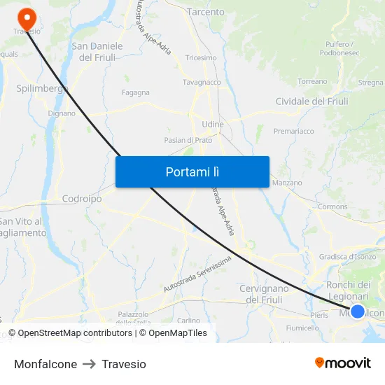 Monfalcone to Travesio map
