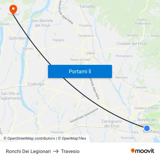Ronchi Dei Legionari to Travesio map