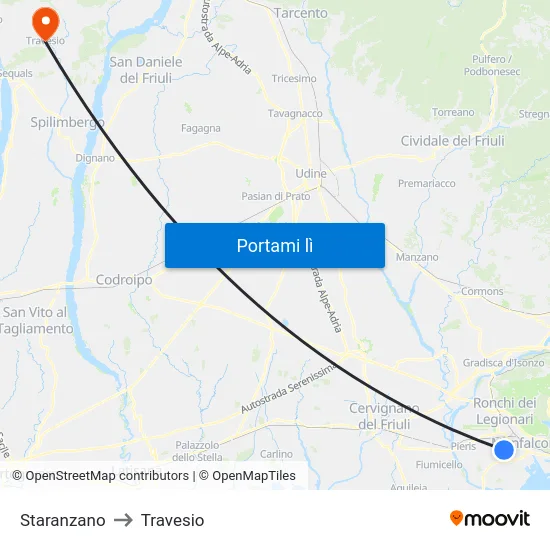 Staranzano to Travesio map