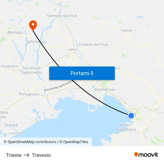 Trieste to Travesio map