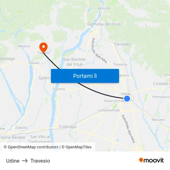 Udine to Travesio map