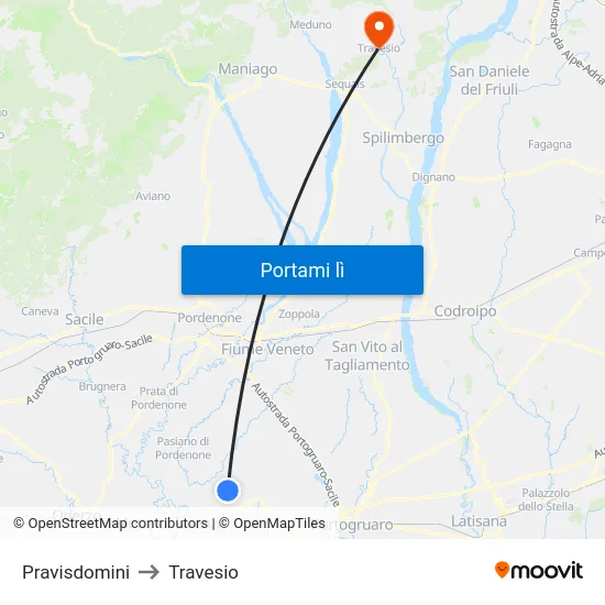 Pravisdomini to Travesio map