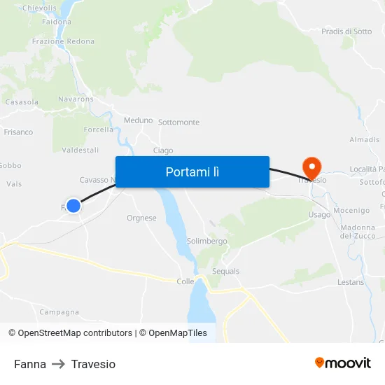 Fanna to Travesio map