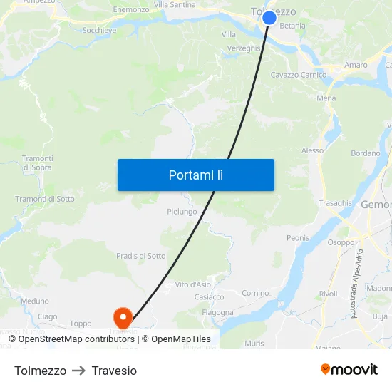 Tolmezzo to Travesio map