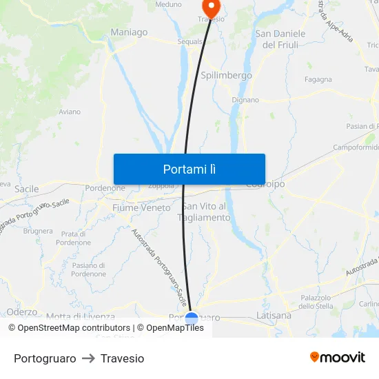 Portogruaro to Travesio map