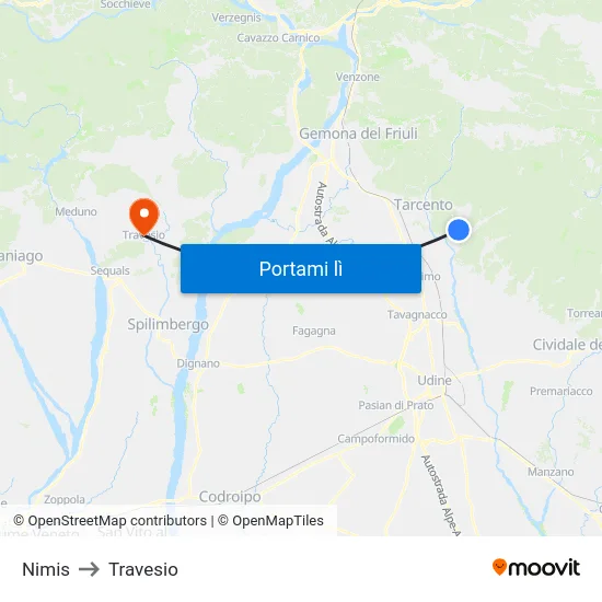 Nimis to Travesio map