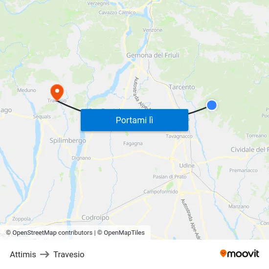 Attimis to Travesio map