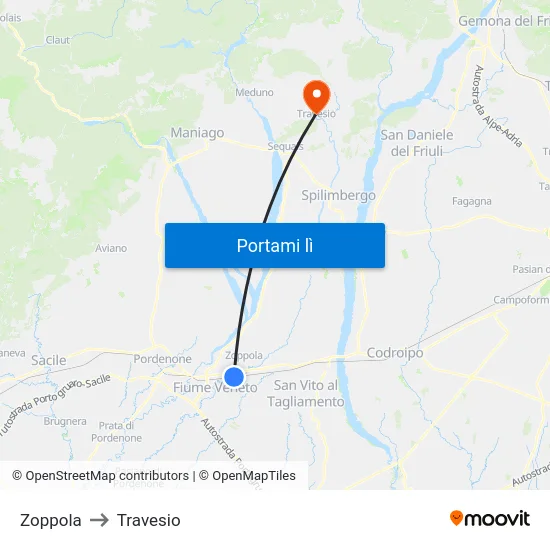 Zoppola to Travesio map