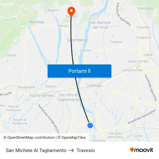 San Michele Al Tagliamento to Travesio map