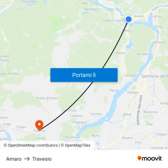 Amaro to Travesio map