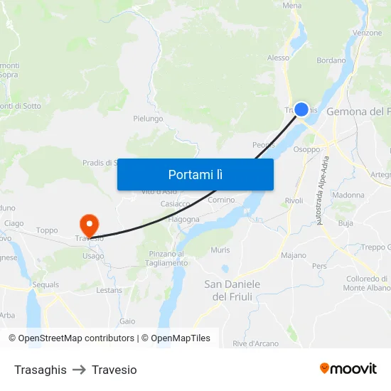 Trasaghis to Travesio map