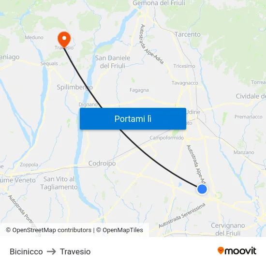 Bicinicco to Travesio map