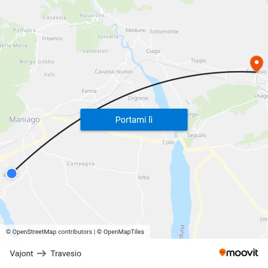 Vajont to Travesio map