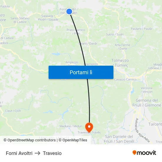 Forni Avoltri to Travesio map