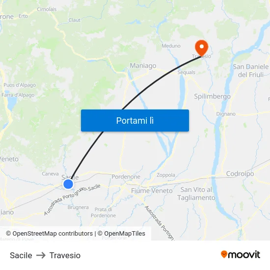 Sacile to Travesio map