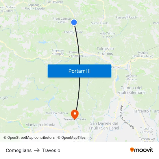 Comeglians to Travesio map